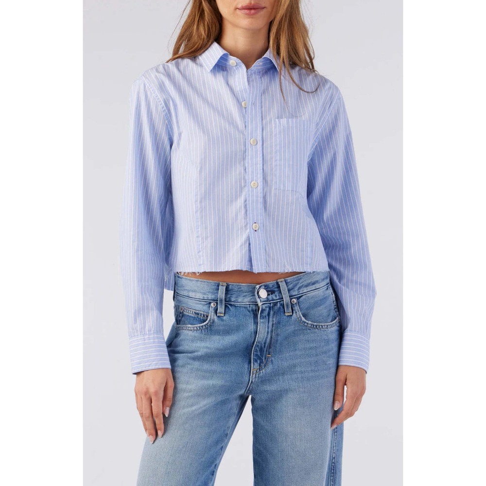 AMO Denim Cropped Raw Hem‎ Striped Button Down Shirt - Blue/White - Size M